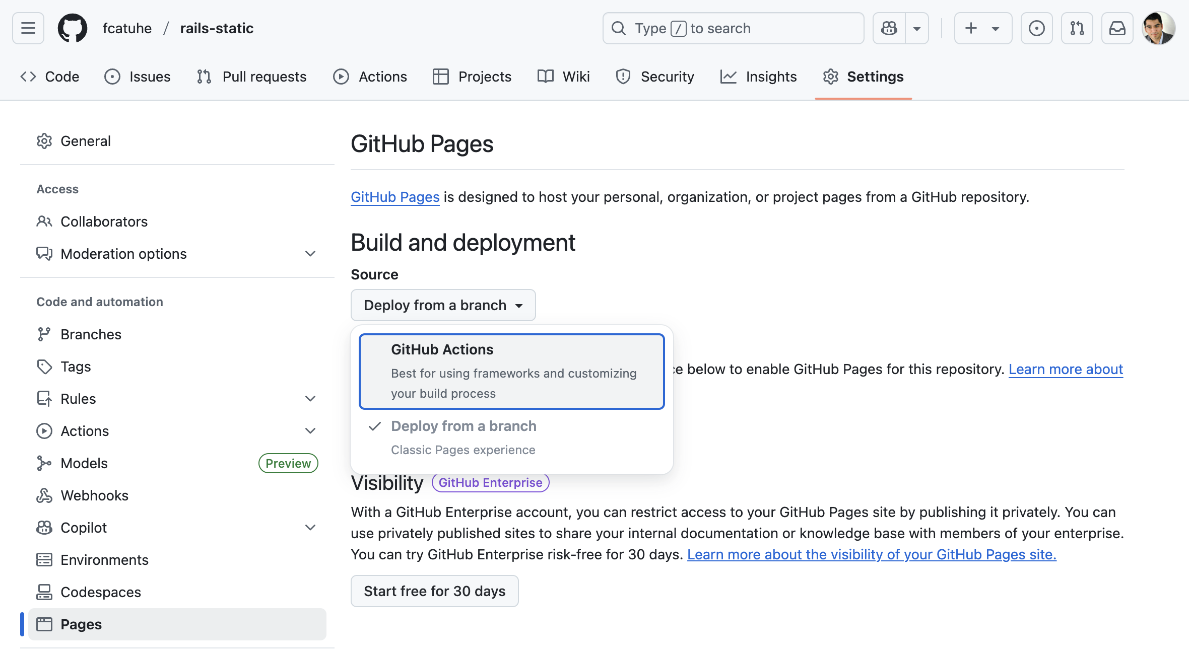 GitHub repository settings page showing Pages configuration with 'Build and deployment' section set to 'GitHub Actions' source