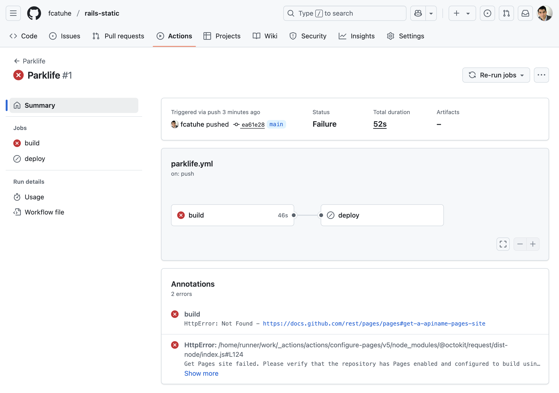 GitHub Actions workflow showing failed deployment with red X mark