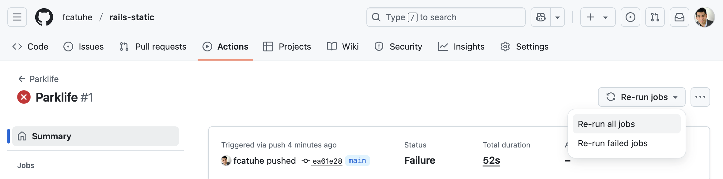 GitHub Actions page with 'Re-run all jobs' button highlighted to retry the failed workflow